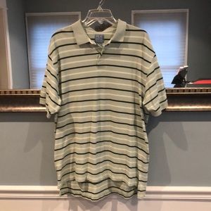 Striped light green and navy blue men’s polo shirt